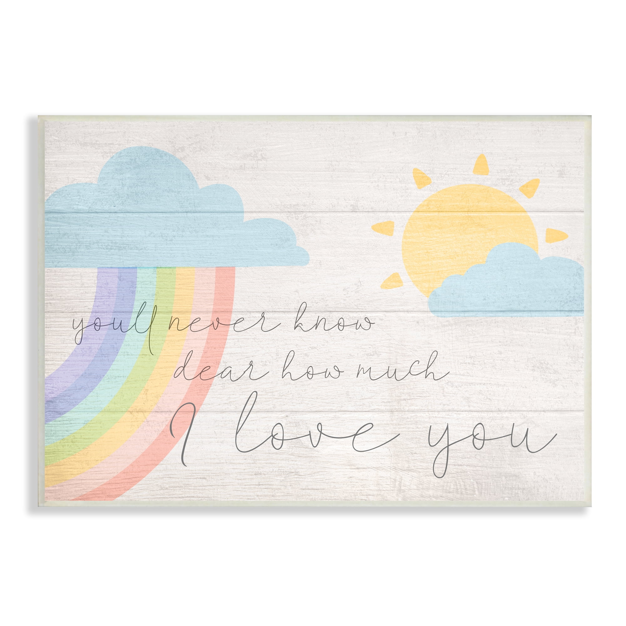 The Kids Room by Stupell How Much I Love You Rainbow Clouds and Sun on Planks Wood Wall Art