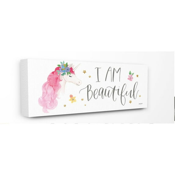 The Kids Room by Stupell I Am Beautiful Word Kids Nursery Unicorn Pink Watercolor Design Canvas Wall Art by Jenaya Jackson