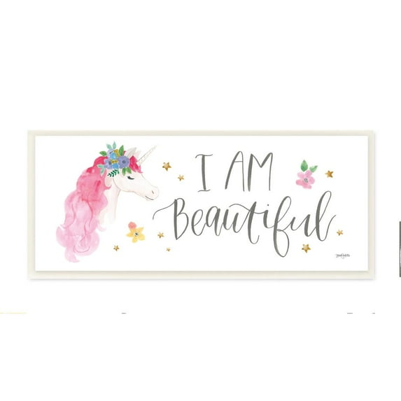 The Kids Room by Stupell I Am Beautiful Word Kids Nursery Unicorn Pink Watercolor Design Wall Plaque Art by Jenaya Jackson