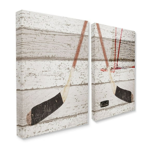 The Kids Room by Stupell Kids Sports Hockey Textured Wood Design 2pc Canvas Wall Art Set by Daphne Polselli