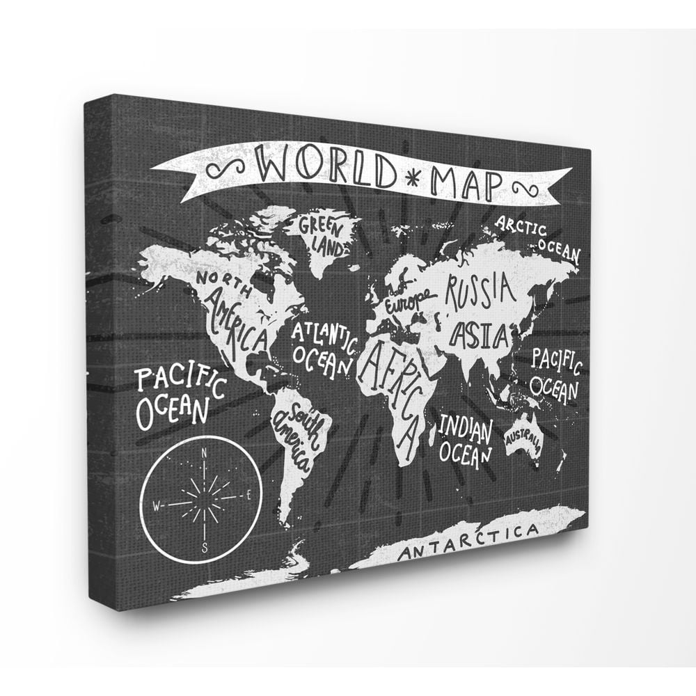 The Kids Room by Stupell Kids World Map Black and White Nursery Design Canvas Wall Art by Daphne Polselli