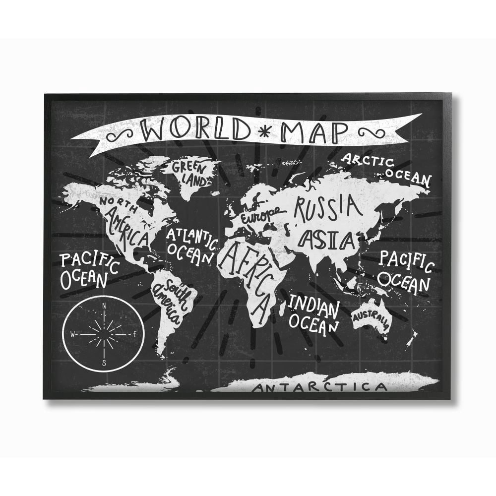 The Kids Room by Stupell Kids World Map Black and White Nursery Design Framed Giclee Texturized Art by Daphne Polselli