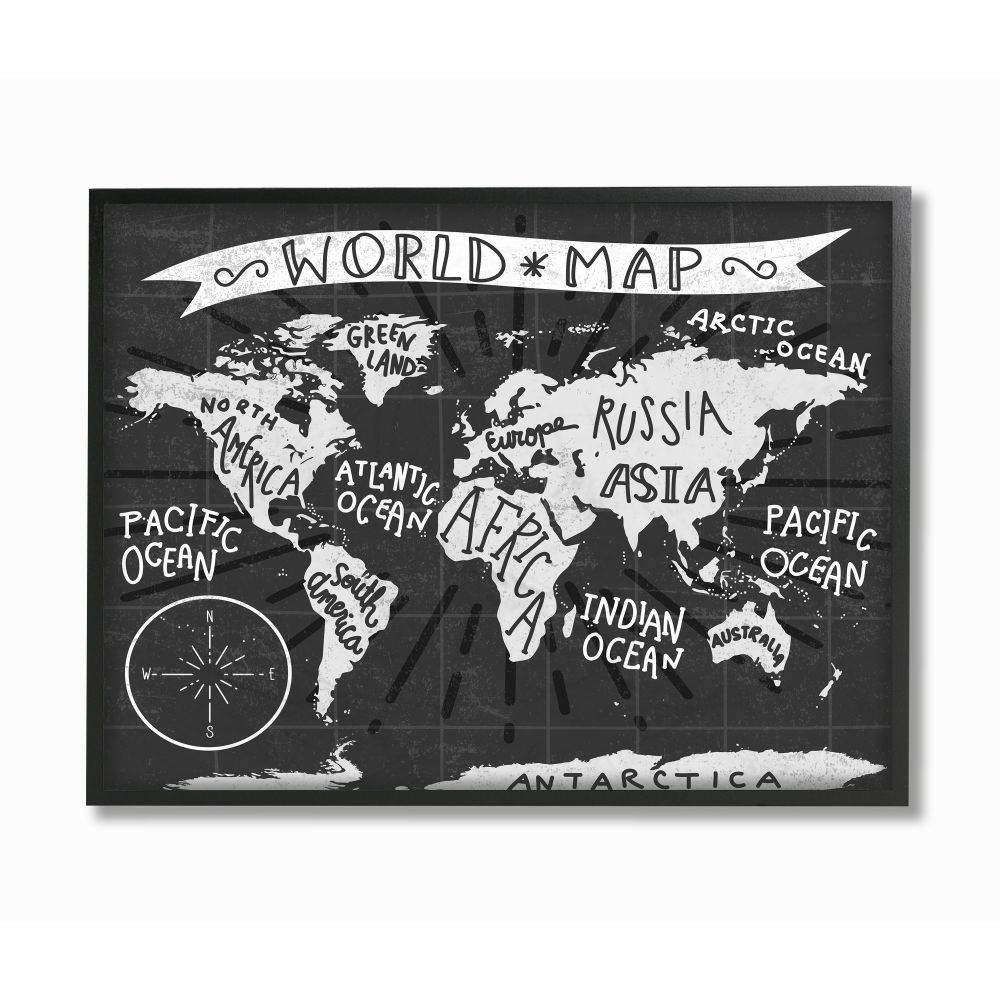 The Kids Room by Stupell Kids World Map Black and White Nursery Design Framed Giclee Texturized Art by Daphne Polselli