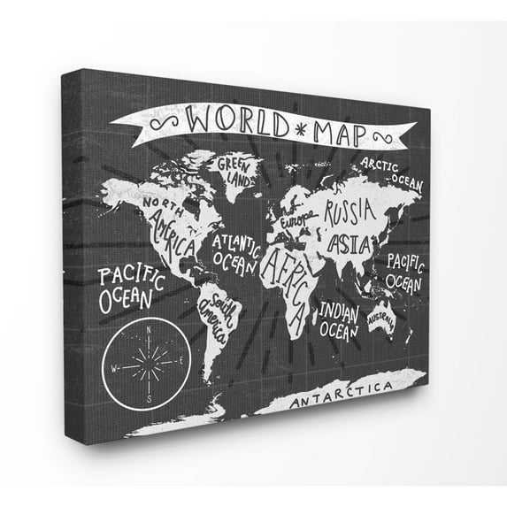 The Kids Room by Stupell Kids World Map Black and White Nursery Design Super Canvas Wall Art by Daphne Polselli