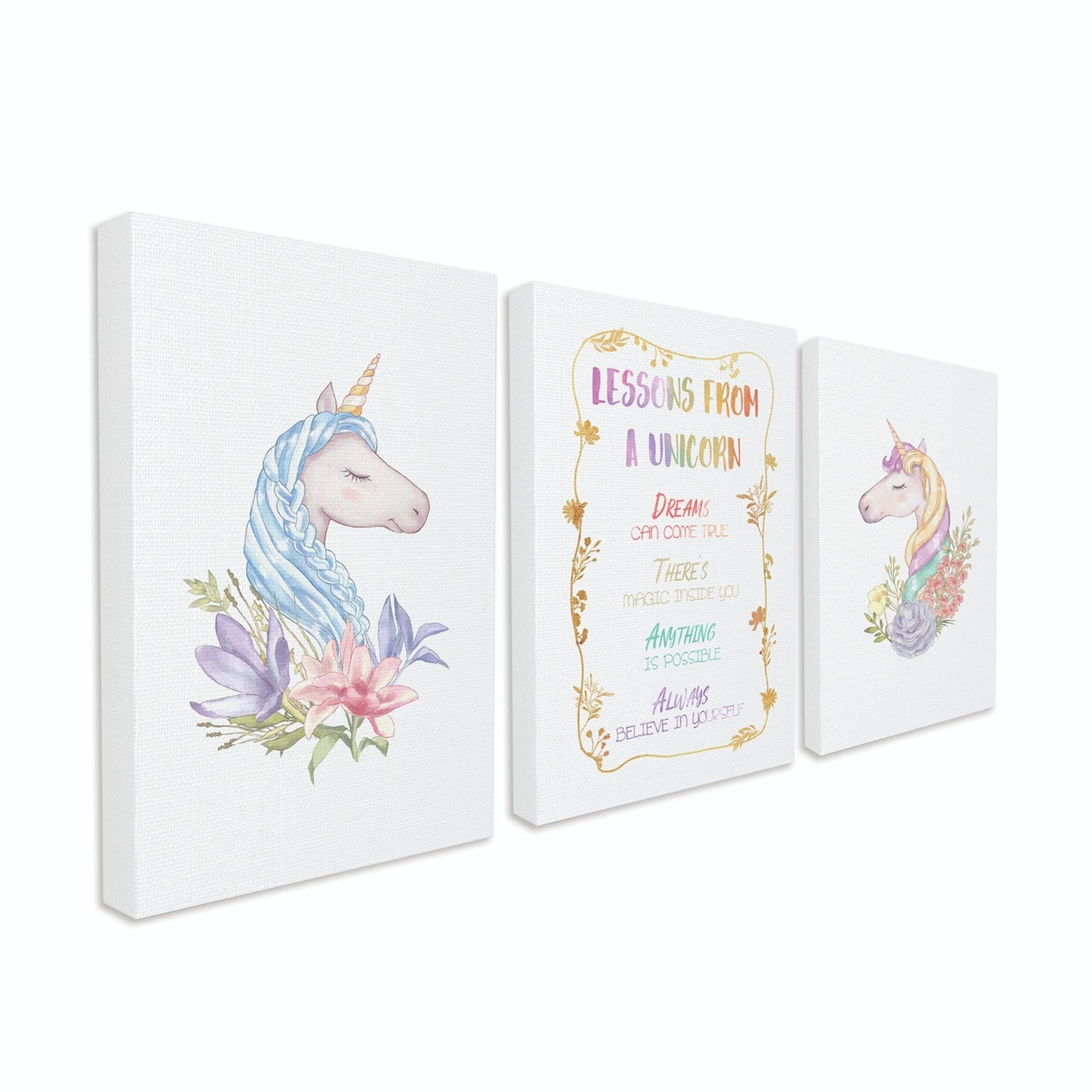 The Kids Room by Stupell Lessons From A Unicorn Portraits Rainbow Gold Kids Nursery Word Design Canvas Wall Art by Ziwei Li