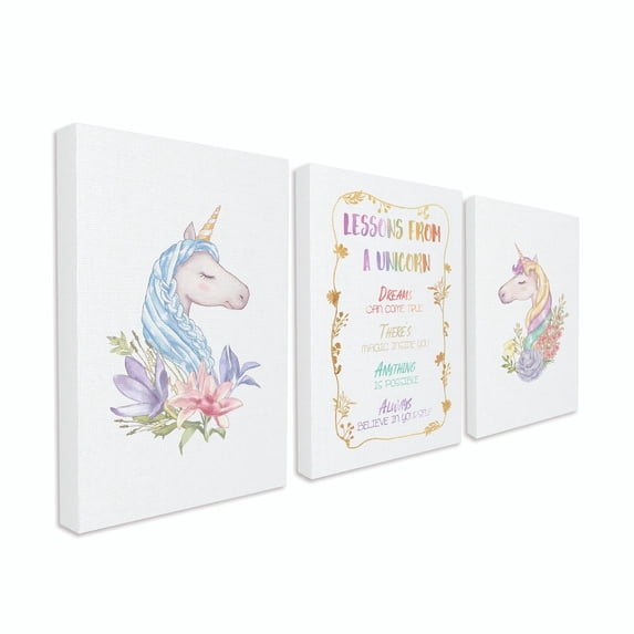 The Kids Room by Stupell Lessons From A Unicorn Portraits Rainbow Gold Kids Nursery Word Design Canvas Wall Art by Ziwei Li