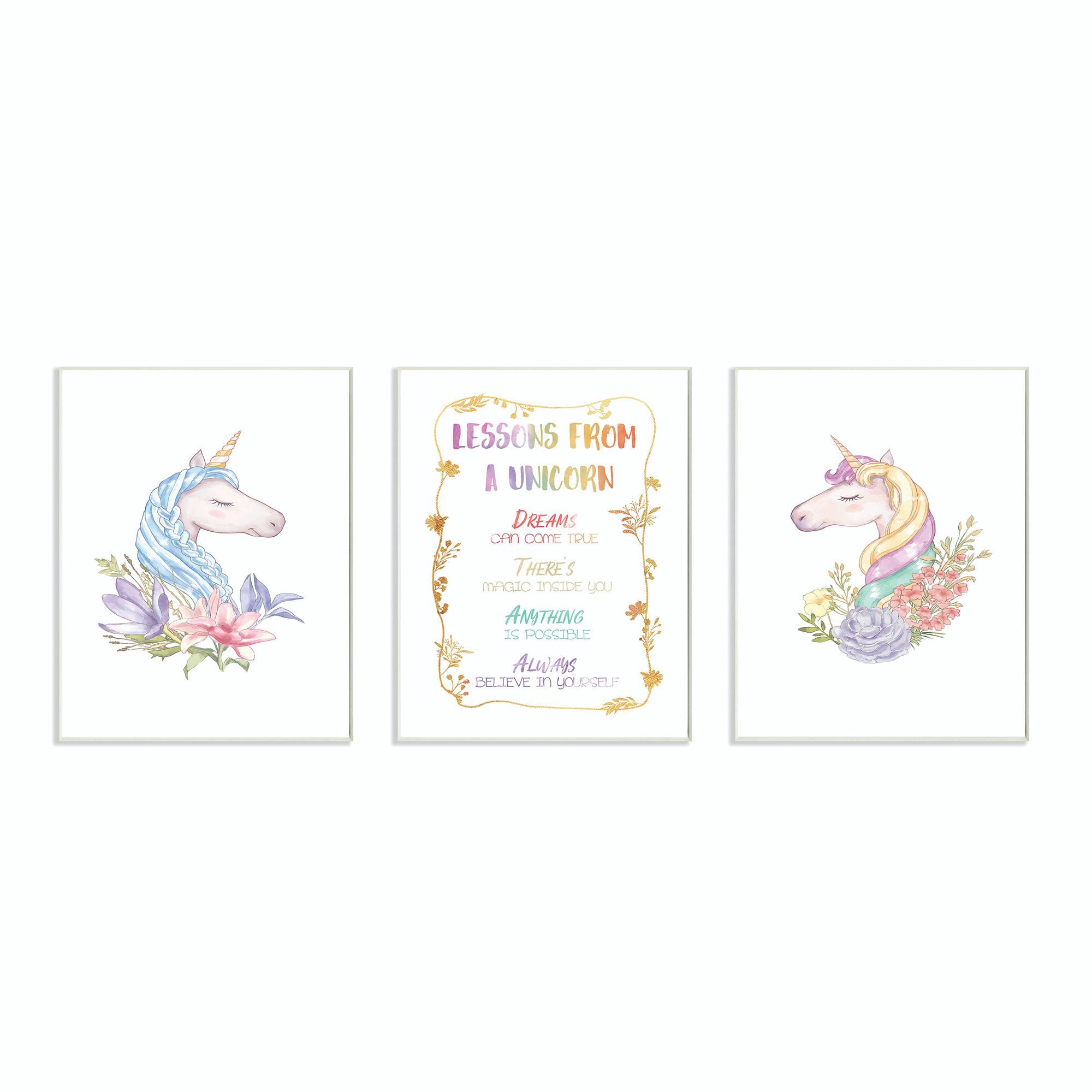 The Kids Room by Stupell Lessons From A Unicorn Portraits Rainbow Gold Kids Nursery Word Design Wall Plaque by Ziwei Li