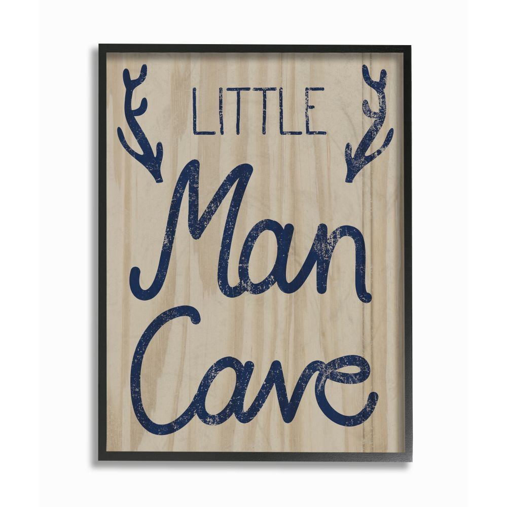 The Kids Room by Stupell Little Man Cave Navy Blue Script with Antlers Wood Grain Texture Typography Framed Giclee Texturized Art