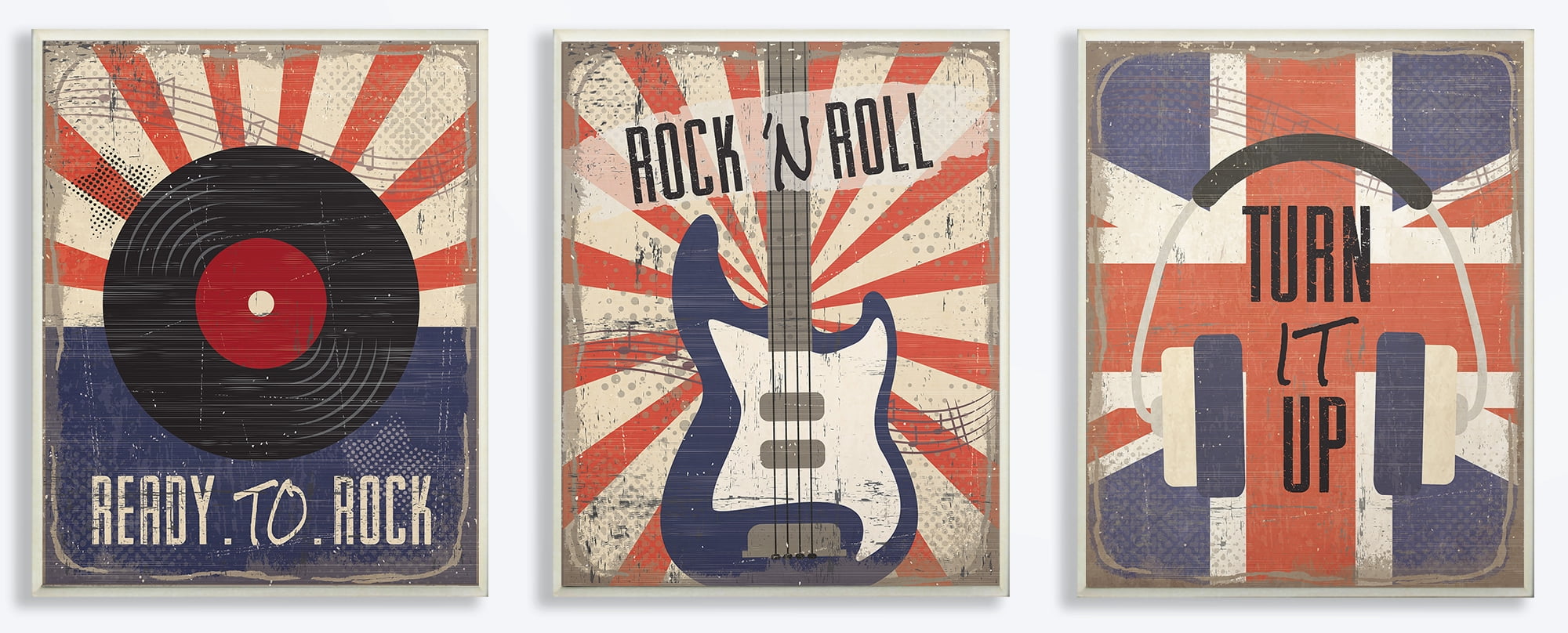 The Kids Room by Stupell Orange and Blue Rock And Roll Music Set of 3 3pc Wall Plaque Art Set, 10 x 0.5 x 15