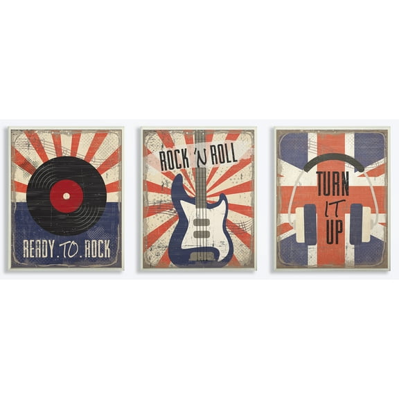 The Kids Room by Stupell Orange and Blue Rock And Roll Music Set of 3 3pc Wall Plaque Art Set, 10 x 0.5 x 15