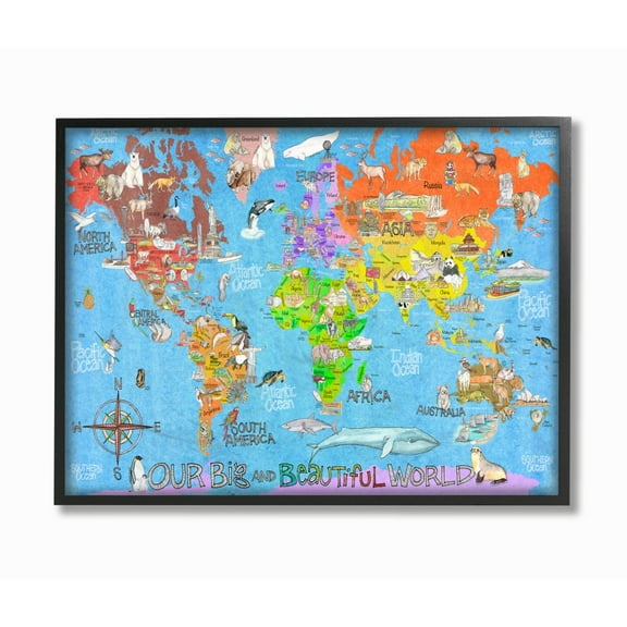 The Kids Room by Stupell Our Big Beautiful World Map Framed Wall Art by Marley Ungaro