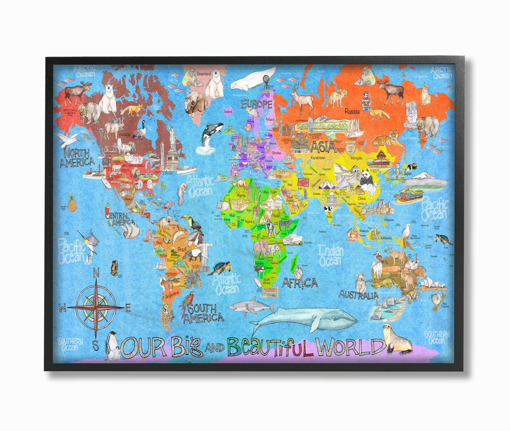 The Kids Room by Stupell Our Big Beautiful World Map Framed Wall Art by Marley Ungaro