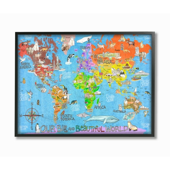 The Kids Room by Stupell Our Big Beautiful World Map Framed Wall Art by Marley Ungaro