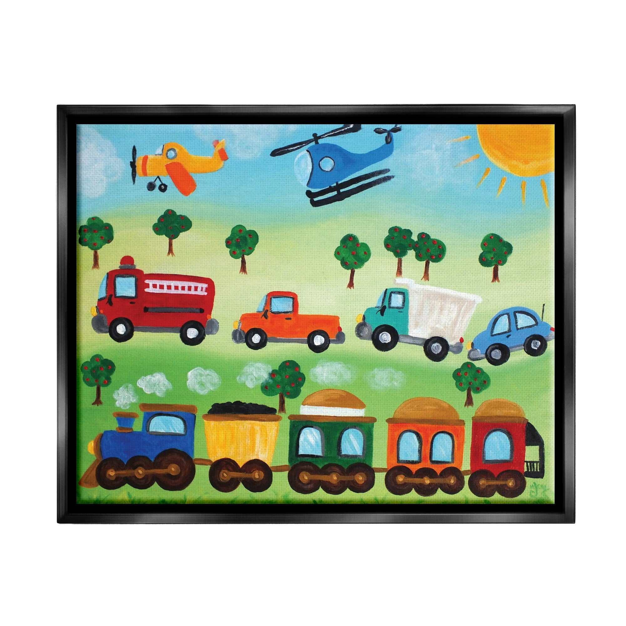 The Kids Room by Stupell Planes, Trains, and Automobiles Jet Black Framed Floating Canvas Wall Art, 24x30, by nJoyArt