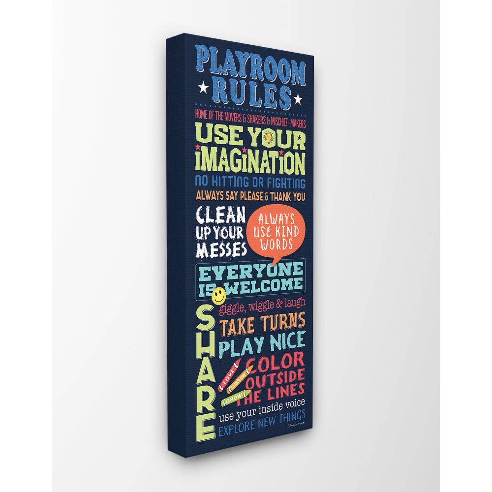 The Kids Room by Stupell Playroom Rules Colorful Typography Navy Blue Green and Red Canvas Wall Art