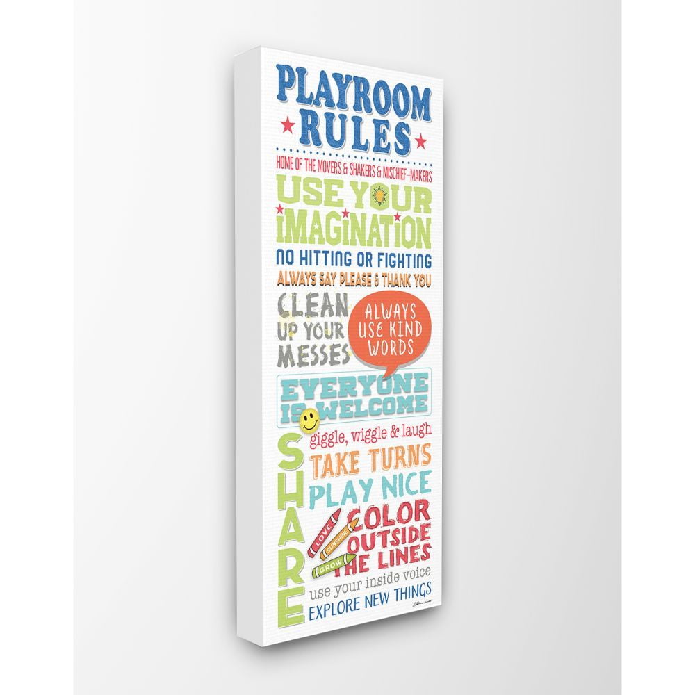 The Kids Room by Stupell Playroom Rules Colorful Typography White Blue Green and Red Canvas Wall Art