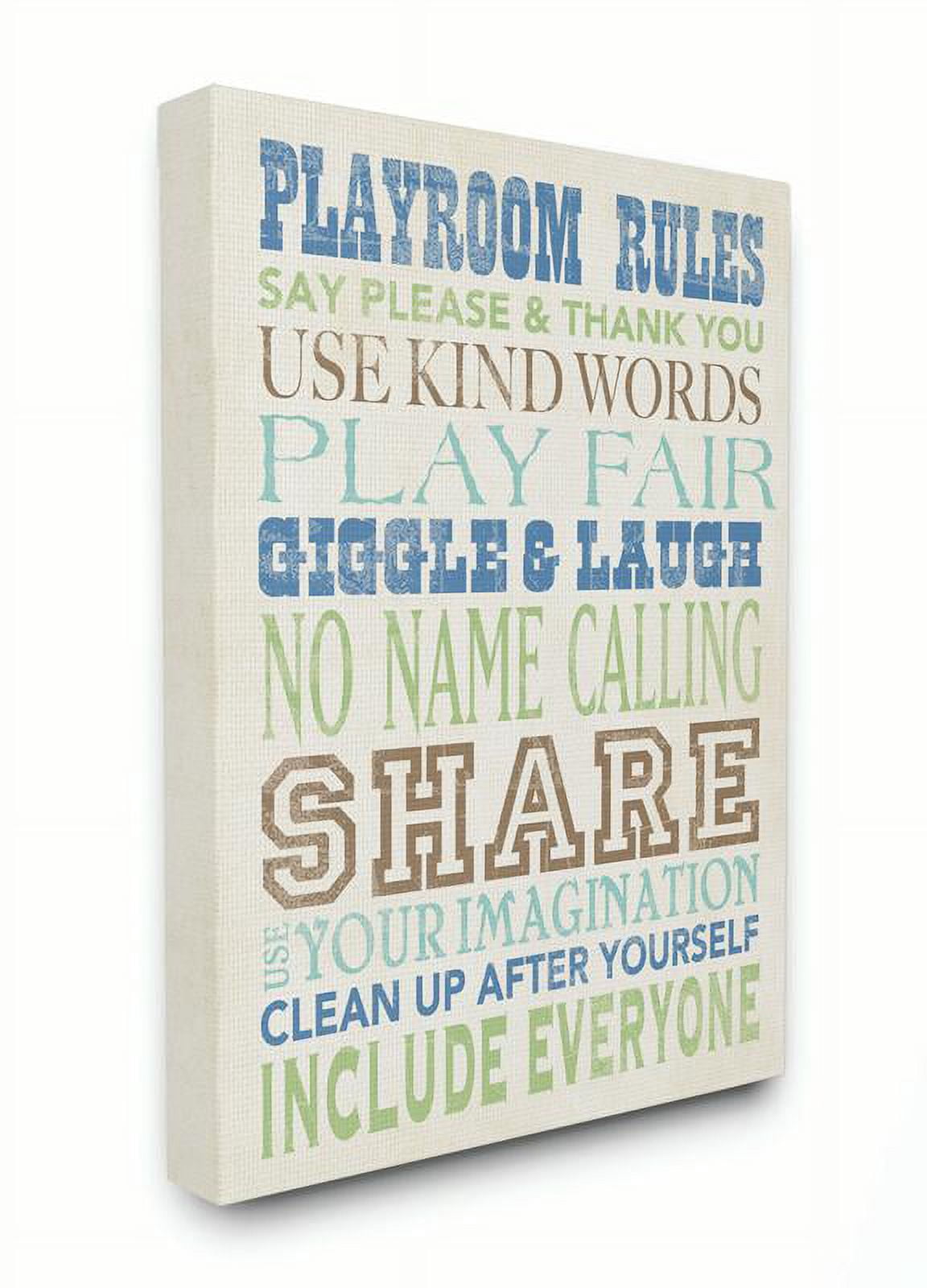 The Kids Room by Stupell Playroom Rules Typography In Blues Green And Brown Canvas Wall Art by Stephanie Workman Marrott