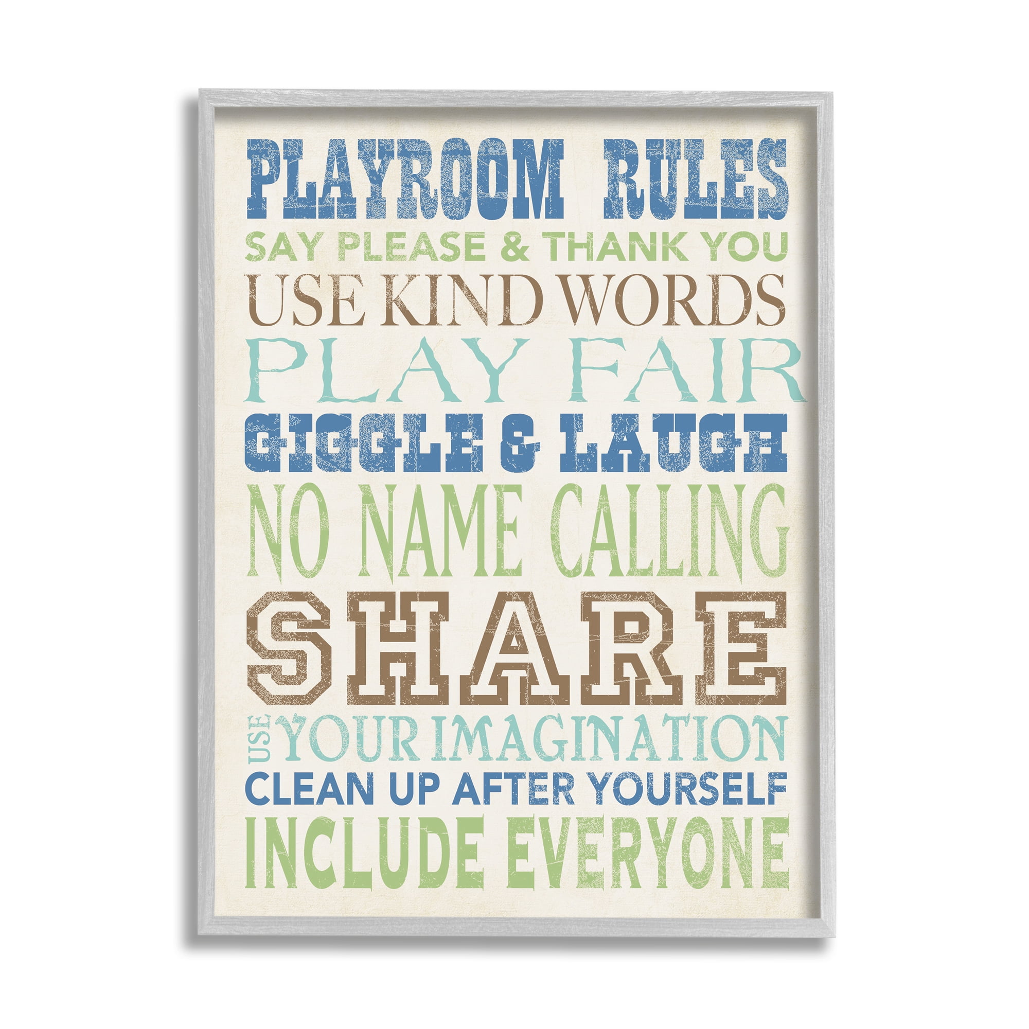 The Kids Room by Stupell Playroom Rules Typography In Blues Green And Brown Framed Wall Art by Stephanie Workman Marrott