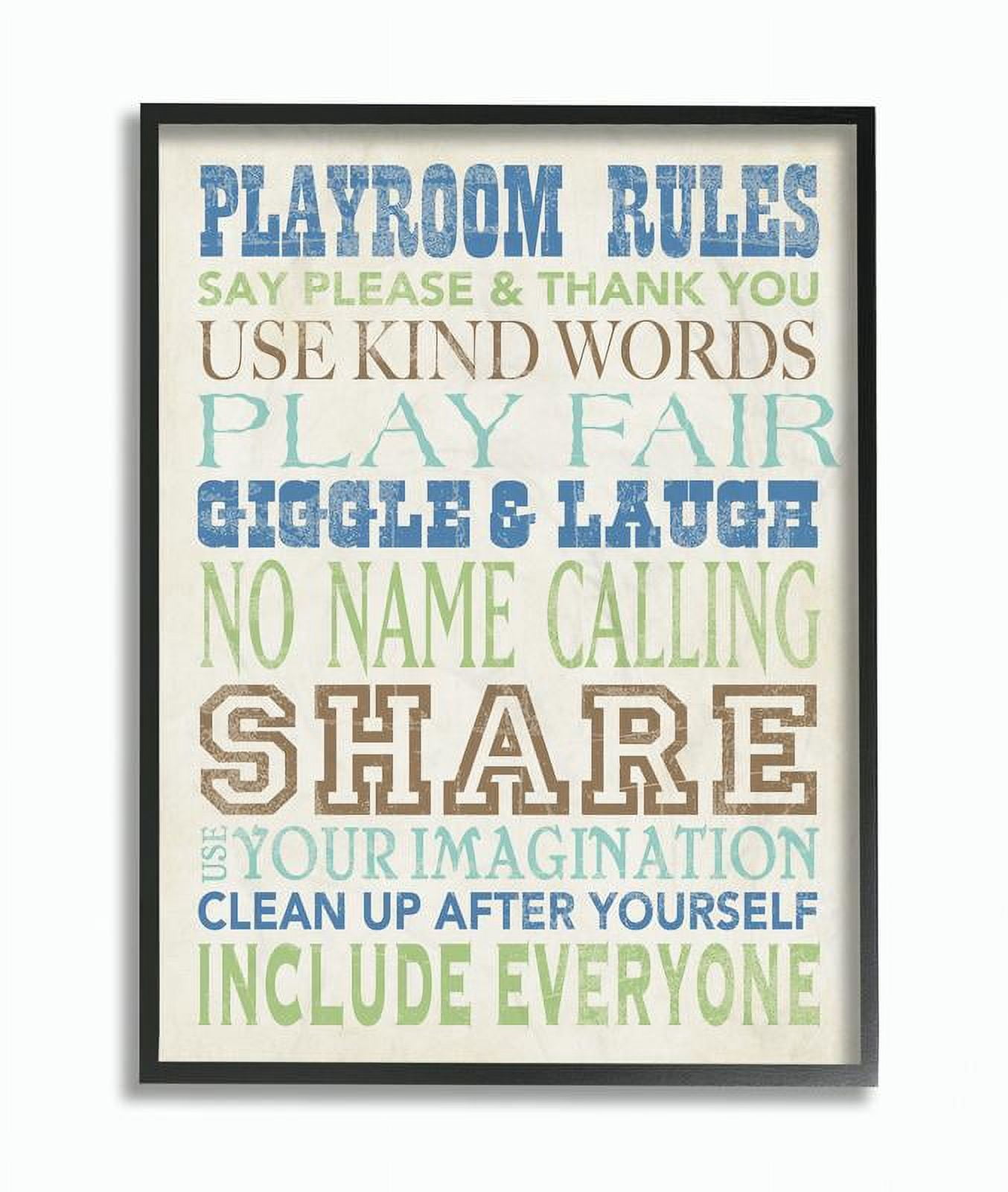 The Kids Room by Stupell Playroom Rules Typography In Blues Green And Brown Framed Wall Art by Stephanie Workman Marrott