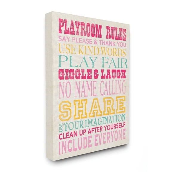The Kids Room by Stupell Playroom Rules Typography In Pinks Yellow And Blue Canvas Wall Art by Stephanie Workman Marrott