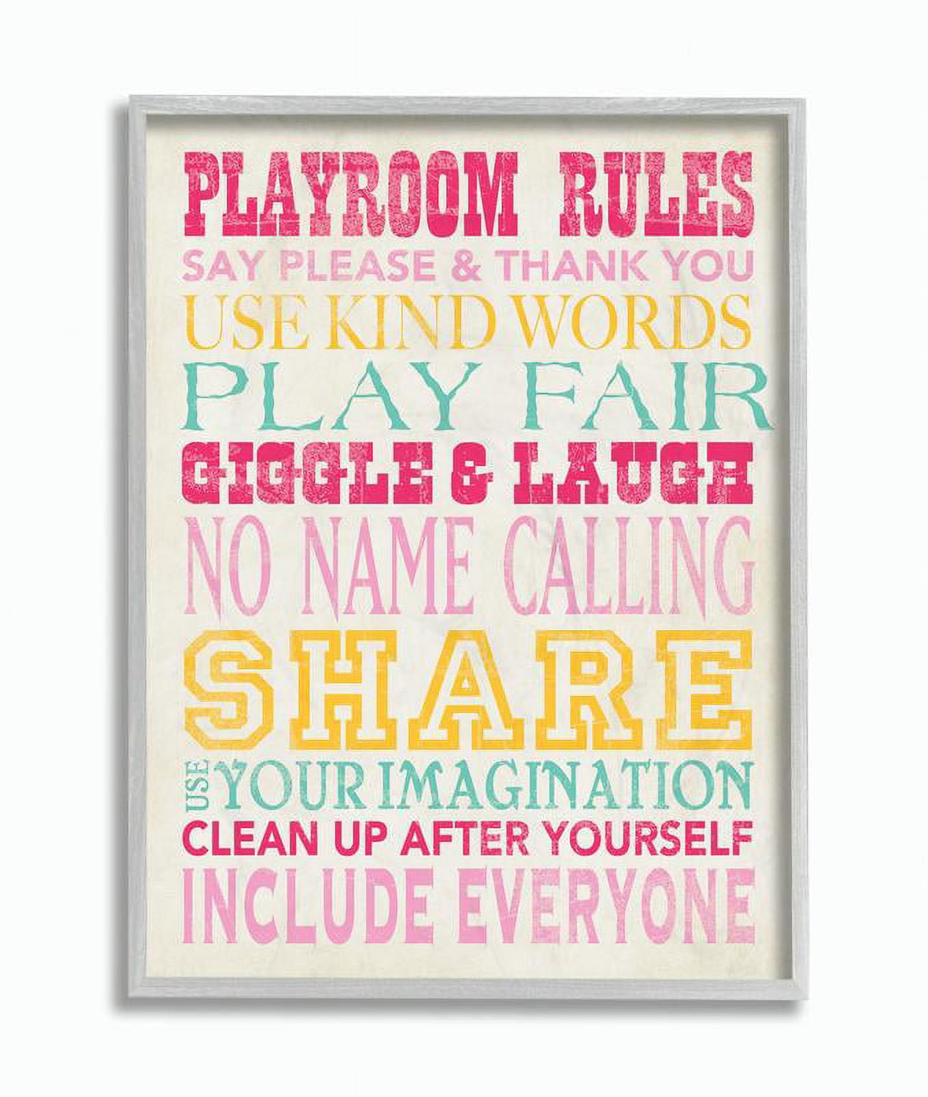 The Kids Room by Stupell Playroom Rules Typography In Pinks Yellow And Blue Framed Wall Art by Stephanie Workman Marrott