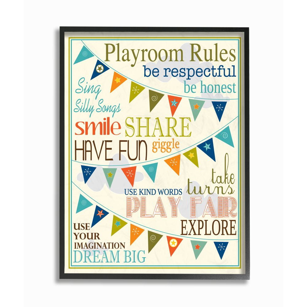 The Kids Room by Stupell Playroom Rules With Pennants In Blue Framed Wall Art by Karen Zukowski (Finny And Zook)