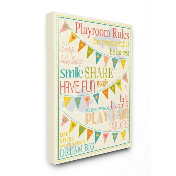 The Kids Room by Stupell Playroom Rules With Pennants In Pink Canvas Wall Art by Karen Zukowski (Finny And Zook)