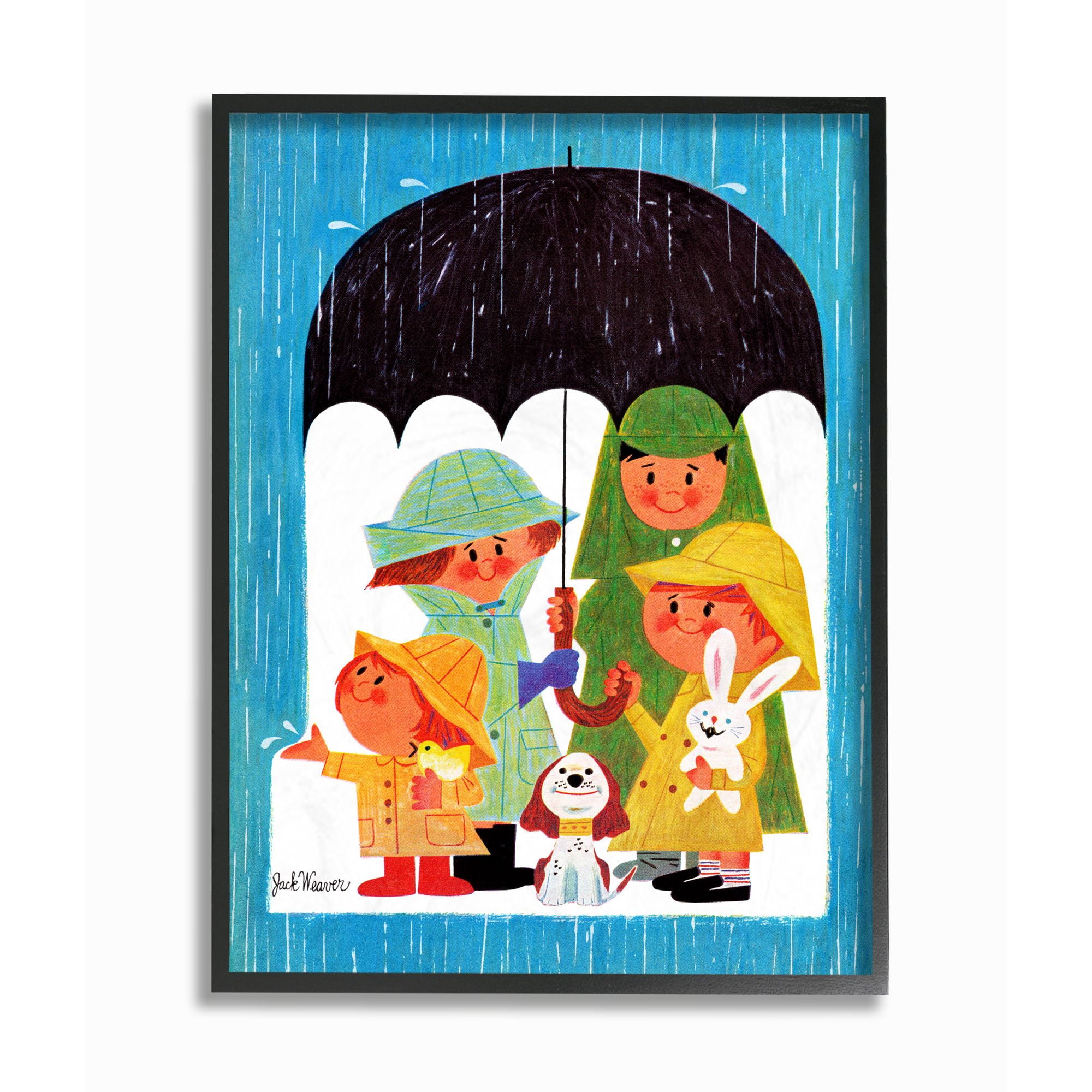 The Kids Room by Stupell Rainy Day Family Cartoon Blue Green Kids Nursery Painting Framed Wall Art by The Saturday Evening Post