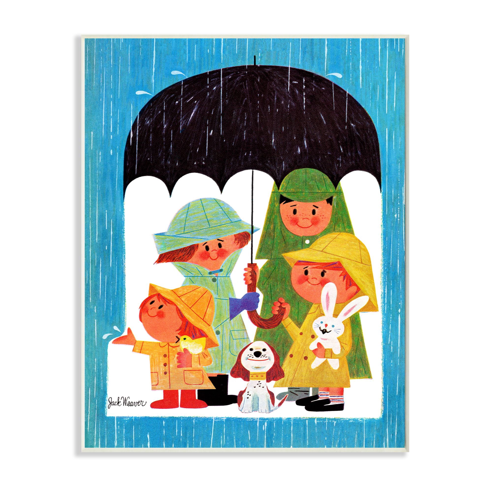 The Kids Room by Stupell Rainy Day Family Cartoon Blue Green Kids Nursery Painting Wall Plaque by The Saturday Evening Post