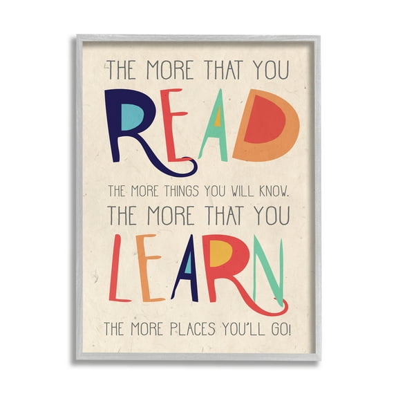 The Kids Room by Stupell Red Orange Blue and Green Read Learn Cartoon Typography Framed Wall Art by Daphne Polselli