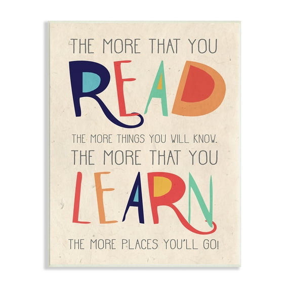 The Kids Room by Stupell Red Orange Blue and Green Read Learn Cartoon Typography Wall Plaque Art, 10 x 0.5 x 15