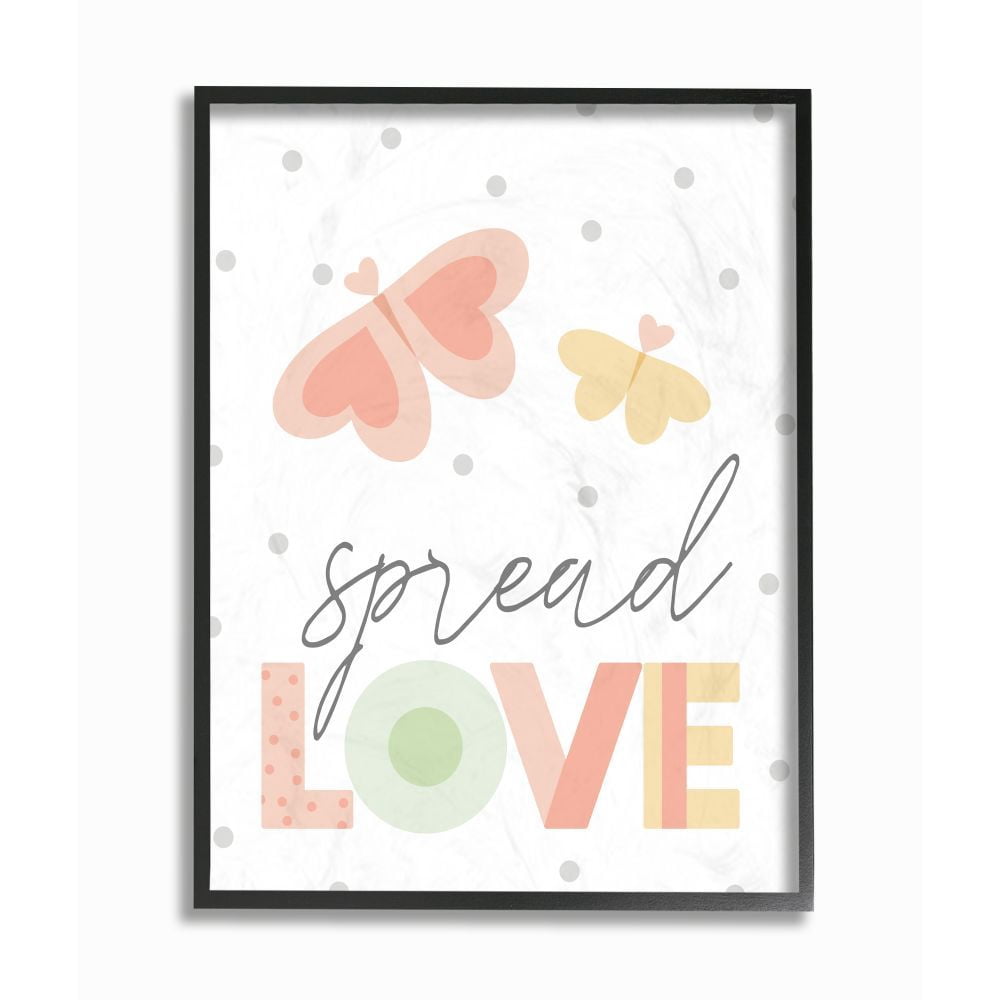 The Kids Room by Stupell Spread Love Pastel Polka Dots and Colorblocked Heart Butterflies Framed Giclee Texturized Art