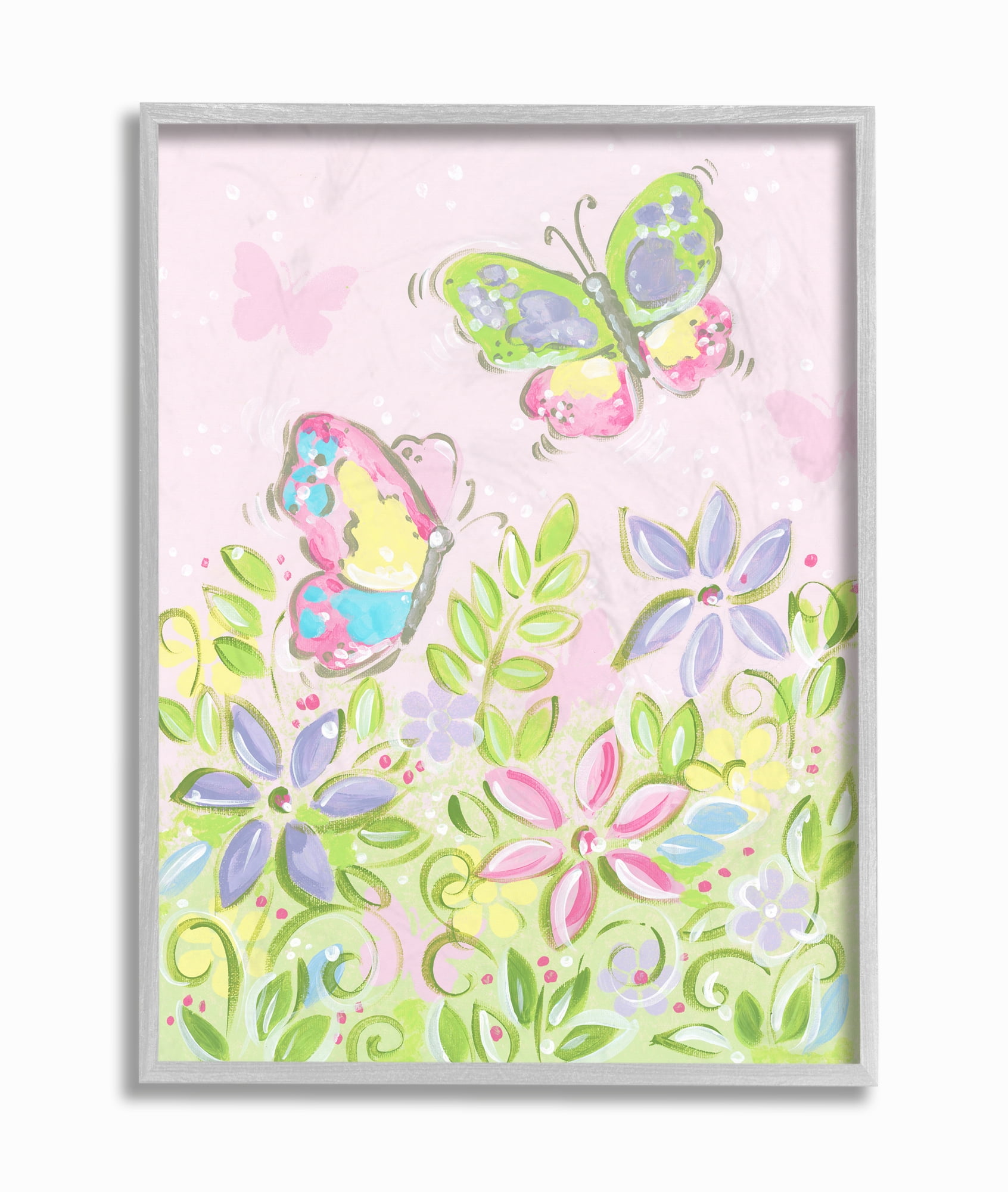 Pastel Butterflies and Flowers Canvas Print in Gray Frame