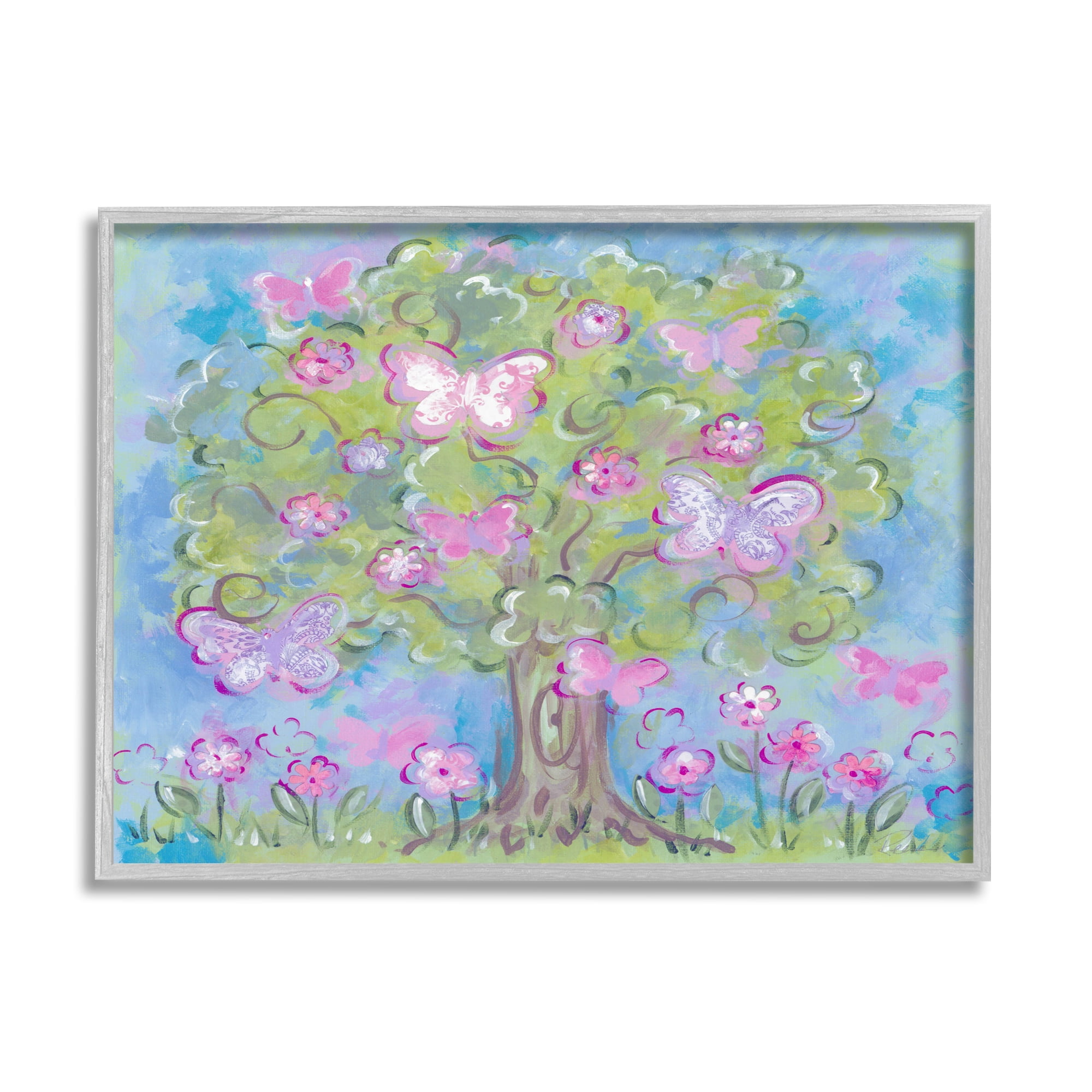 Pastel Butterfly Tree Canvas Print with Gray Ebony Wood Frame