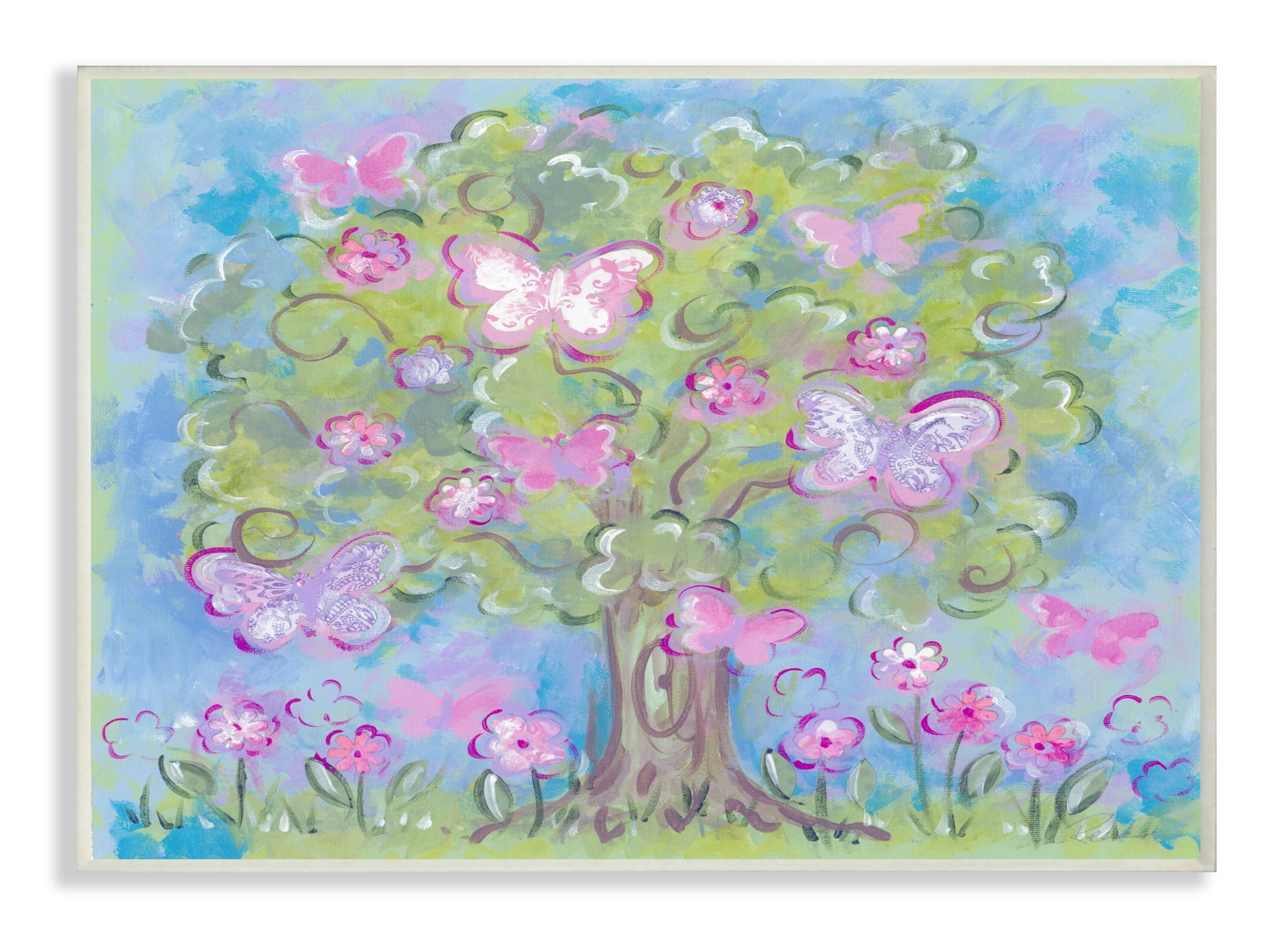 Pastel Butterfly and Trees Kids Wood Wall Plaque