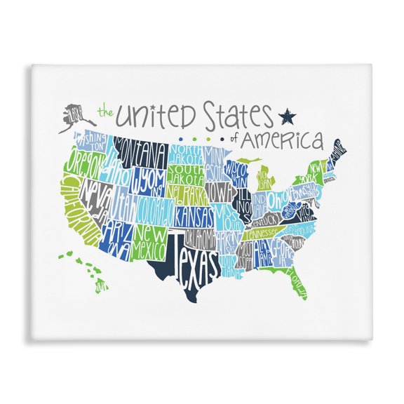 Stupell Industries Traditional United States Map Colored Typography Canvas Art, 48 x 36, by Erica Billups