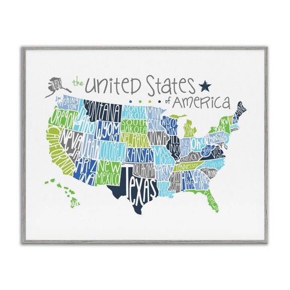 Stupell Industries Traditional United States Map Colored Typography Gray Framed Giclee Art, 14 x 11, by Erica Billups