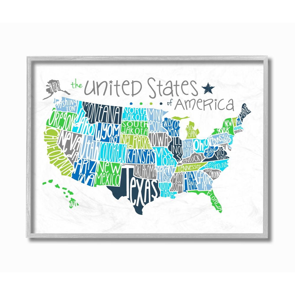The Kids Room by Stupell United States Map Colored Typography Framed Wall Art by Erica Billups