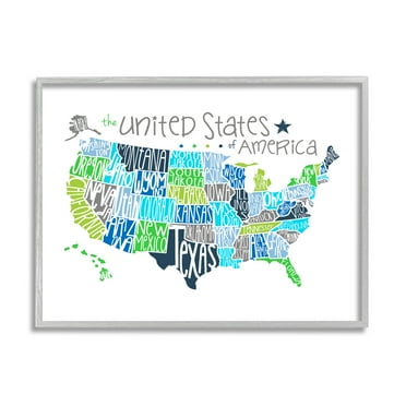 The Kids Room by Stupell United States Map Colored Typography Framed Wall Art by Erica Billups