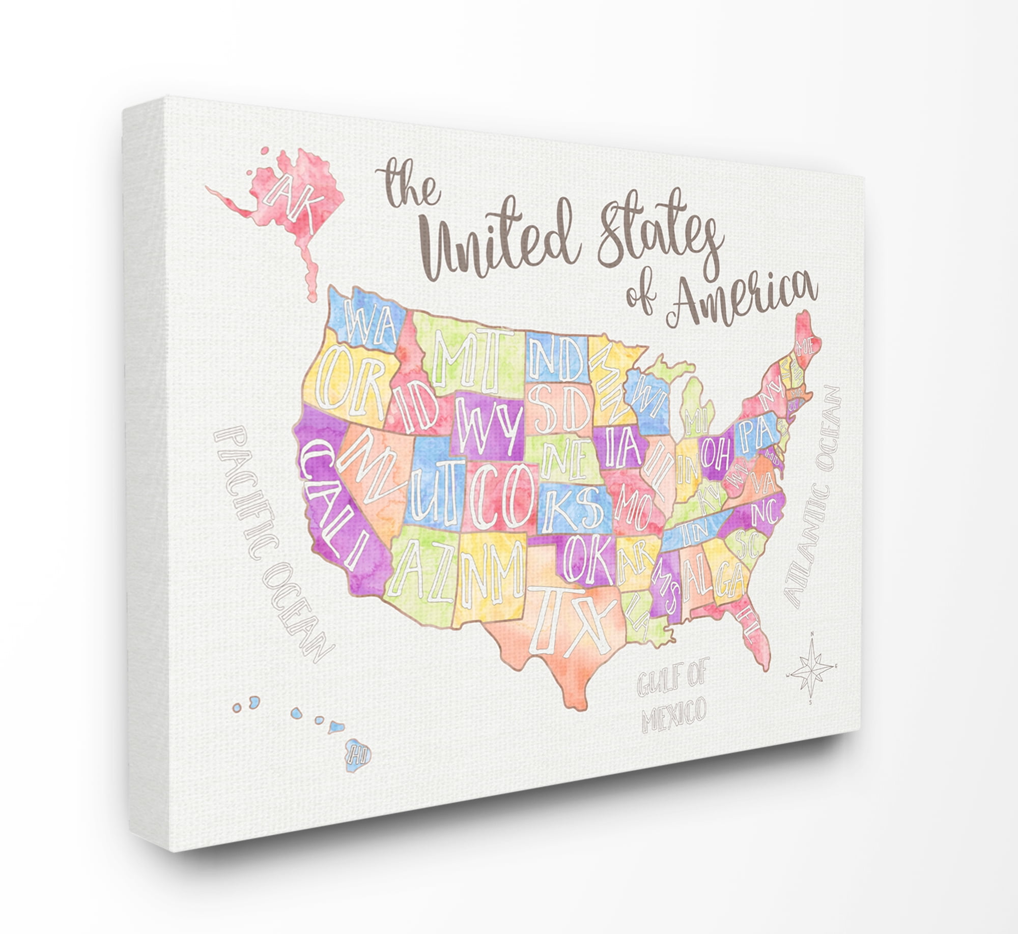 The Kids Room by Stupell United States US Map Water Color Canvas Wall Art by Erica Billups