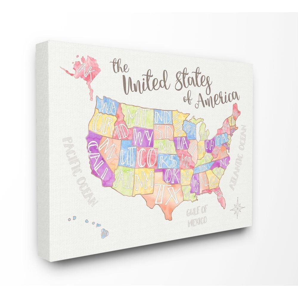 The Kids Room by Stupell United States US Map Water Color Canvas Wall Art by Erica Billups