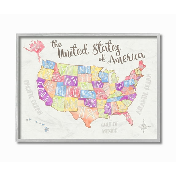 The Kids Room by Stupell United States US Map Water Color Framed Wall Art by Erica Billups