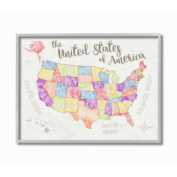 The Kids Room by Stupell United States US Map Water Color Framed Wall Art by Erica Billups