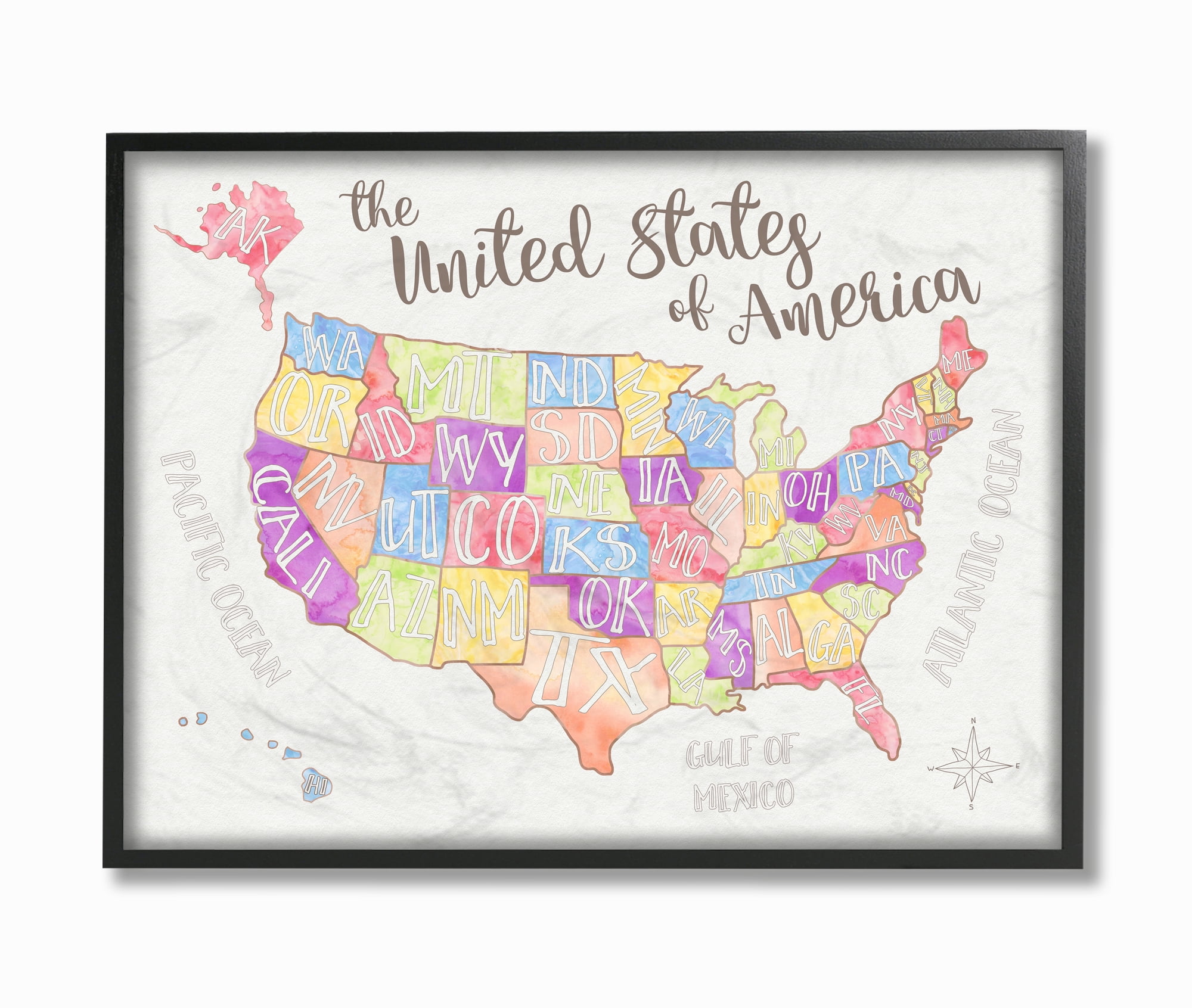 The Kids Room by Stupell United States US Map Water Color Framed Wall Art by Erica Billups