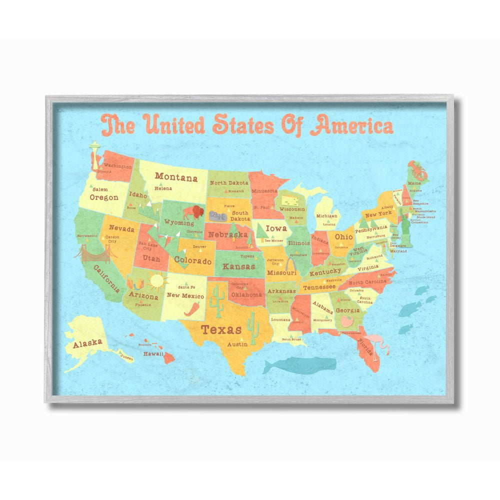 The Kids Room by Stupell United States of America USA Kids Map Framed Wall Art by Daphne Polselli
