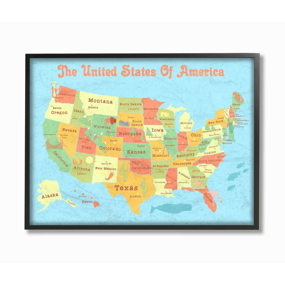 The Kids Room by Stupell United States of America USA Kids Map Framed Wall Art by Daphne Polselli