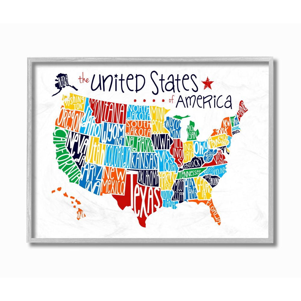 The Kids Room by Stupell Use Rainbow Typography Map On White Background Framed Wall Art by Erica Billups