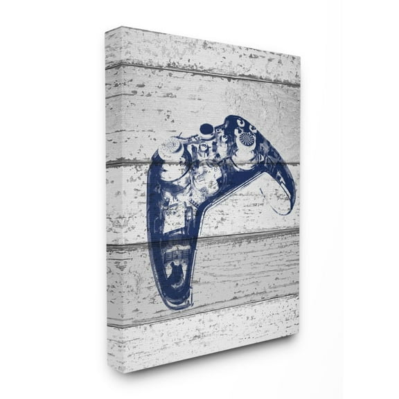 The Kids Room by Stupell Video Game Controller Blue Print on Planks Canvas Wall Art