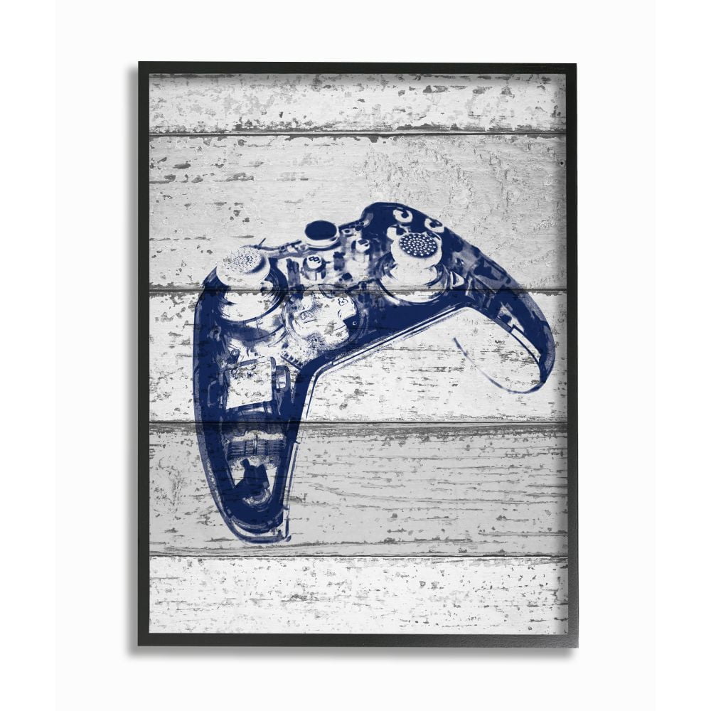 The Kids Room by Stupell Video Game Controller Blue Print on Planks Framed Giclee Texturized Art