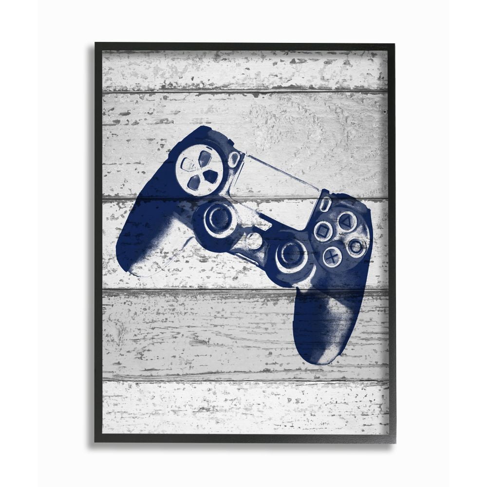 The Kids Room by Stupell Video Game Controller Blue Print on Planks Framed Giclee Texturized Art